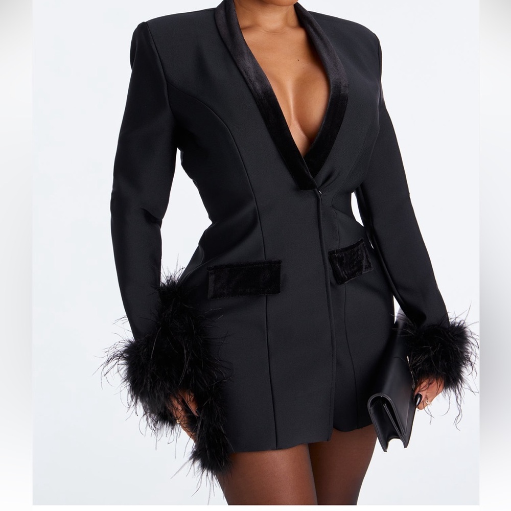 Elegant Black Blazer Dress with Feather Accents